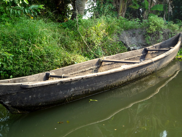 Une pirogue est amarrée devant chaque habitation.